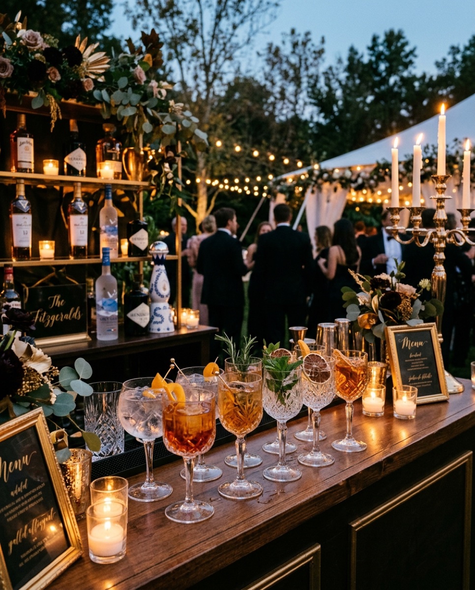 Hochzeits-Cocktailbar mit Kerzenlicht und Premium-Cocktails — mobile Bar für Hochzeit in Mittelhessen